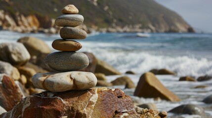 The Art of Stone Balancing. Balancing rocks on sea background. Stacking. Rocks are piled in balanced stacks