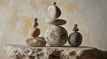The Art of Stone Balancing. Balancing rocks on beige background. Stacking. Rocks are piled in balanced stacks