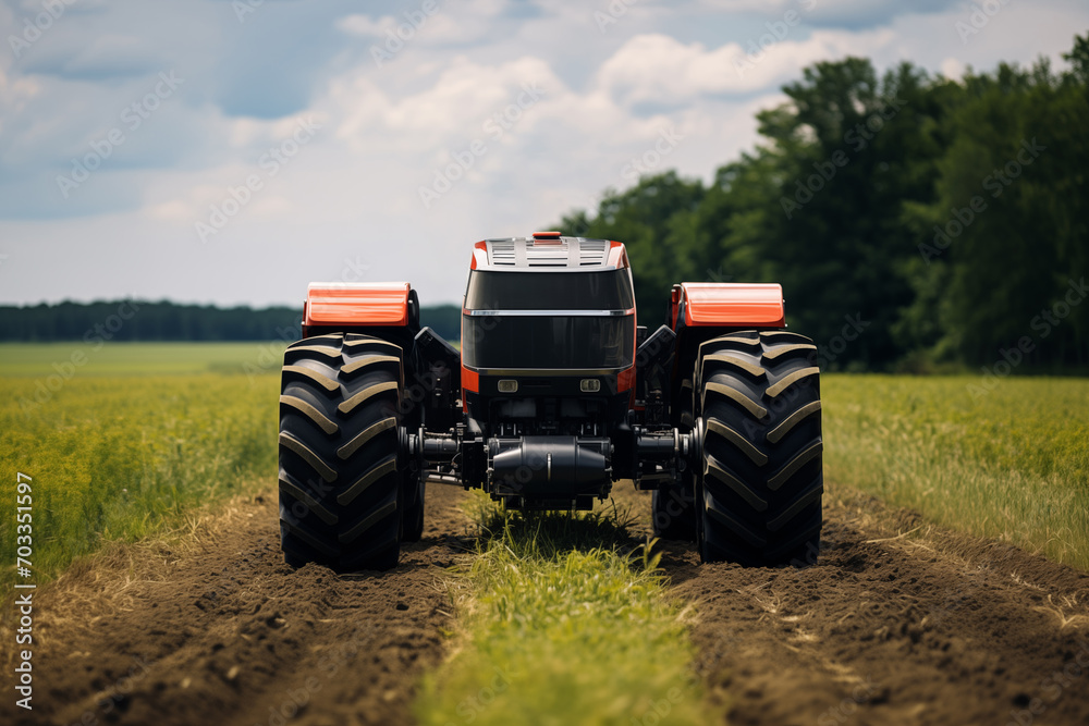 Poster autonomous tractor working on the field. smart farming