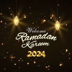 welcome ramadan 2024 banner with black and brown islamic background design
