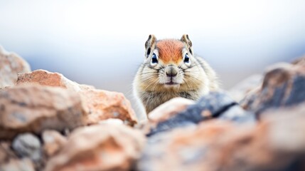  a close up of a small rodent on a rocky surface with a blurry sky in the back ground.