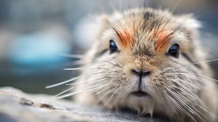  a close up of a small animal with long whiskers on it's face and a blurry background.