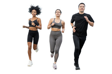 Friends are people running together in sportswear and fitness hoops, sports partners are warming up. Transparent background.