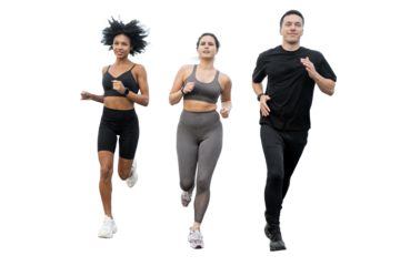 Friends are people running together in sportswear and fitness hoops, sports partners are warming up. Transparent background.