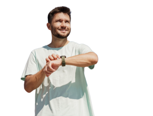 A runner uses a fitness tracker watch, an athlete in a T-shirt to warm up. Transparent background.