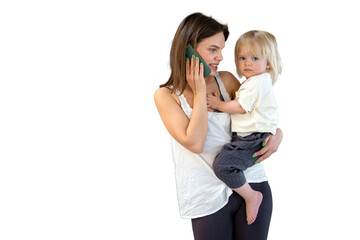 Busy mom and child, daily routine, happy family, parents phone call, babysitter takes care of the child. Transparent background.