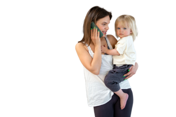 Busy mom and child, daily routine, happy family, parents phone call, babysitter takes care of the child. Transparent background.