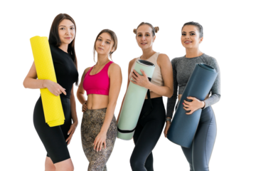 A group of women are ready to warm up a fitness class using a mat to train together and a trainer. Transparent background.