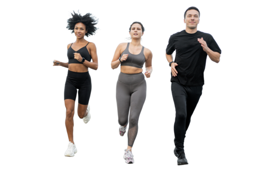 Friends are people running together in sportswear and fitness hoops, sports partners are warming up. Transparent background.