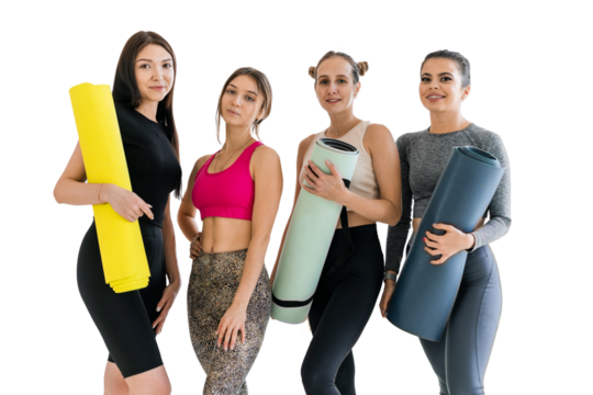 A group of women are ready to warm up a fitness class using a mat to train together and a trainer. Transparent background.