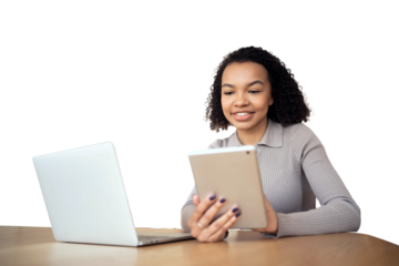 A young woman works on the Internet online, uses a laptop computer, smiles, workplace in the office. Transparent background.