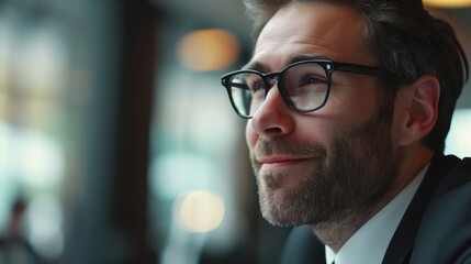 Businessman enjoys a light moment in a corporate meeting.