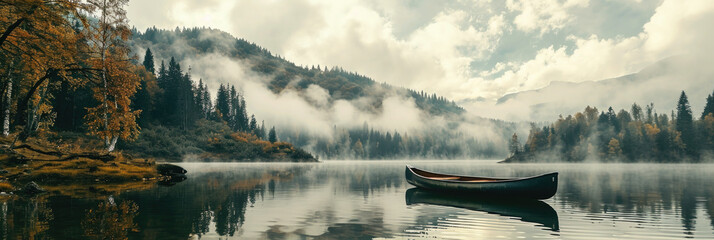 Tranquil scene with empty boat on lake with fog in autumn.