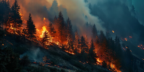 Forest fire in the mountains, Landscape Image with Copy Space
