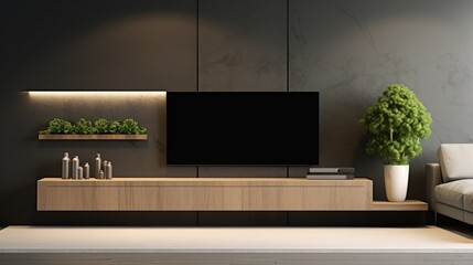 TV storage in modern living room with big sofa and plants at pots. Interior design concept