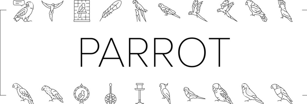 parrot bird blue animal tropical icons set vector. macaw blue, yellow wildlife, nature feather, red bright, wing wild, ara parrot bird blue animal tropical black line illustrations