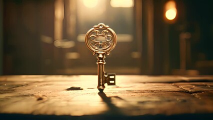 A golden key sitting on top of a wooden table. Generative ai