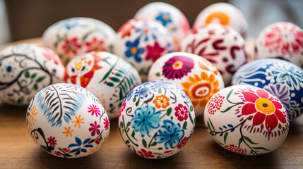 Easter eggs decorated with intricate handdrawn colorful patterns