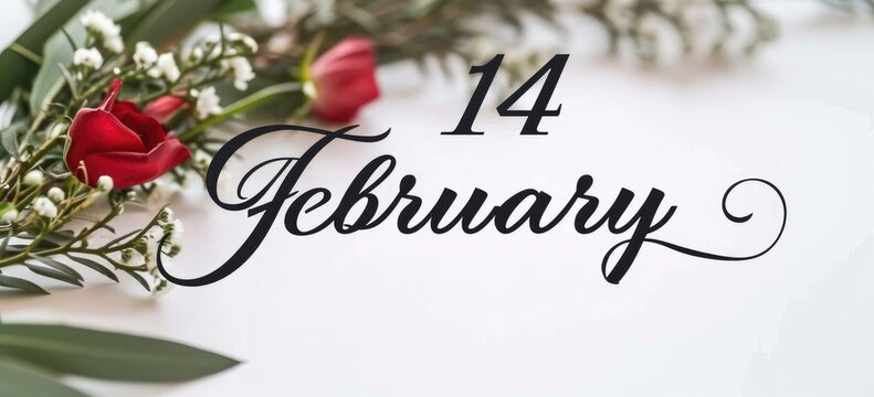 Valentine's Day themed background with red roses and date. Seasonal celebration and festive decoration.