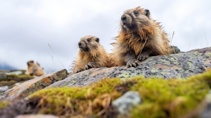  a couple of animals sitting on top of a rock covered in green mossy grass next to a sky filled with clouds.