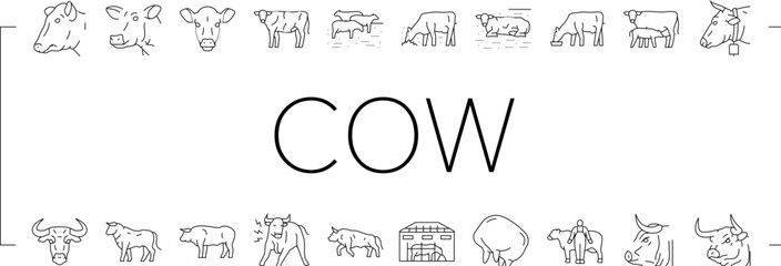 cow farm dairy cattle milk white icons set vector. agriculture nature, livestock grass, beef field, pasture animal, meadow calf, summer cow farm dairy cattle milk white black line illustrations
