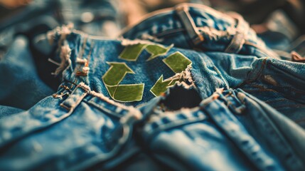 Eco-friendly apparel marked with a recycle symbol, promoting sustainable textiles and encouraging consumers to reject fast fashion for environmental conservation. - obrazy, fototapety, plakaty