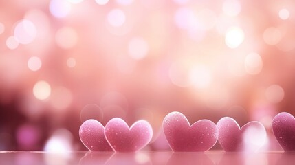 Fototapeta premium Hearts and bokeh lights on pink background, dreamy and romantic atmosphere for Valentine's Day