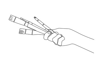 Continuous one line drawing people holding drawing tools. Stationery Concept. Single line draw design vector graphic illustration.