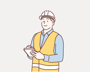 Civil engineer. man makes notes in the construction documentation. man in a construction helmet and an orange vest. Hand drawn style vector design illustrations.