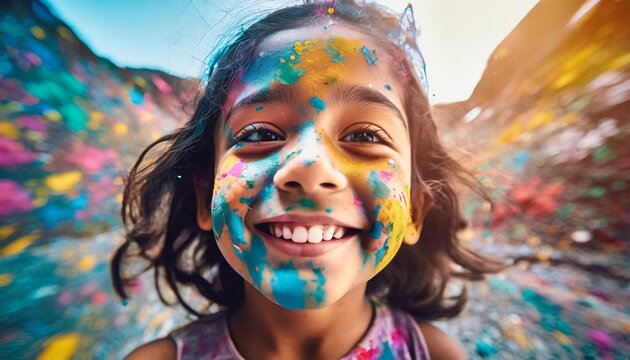 Kid's Face Covered in Colorful Paint in Joy