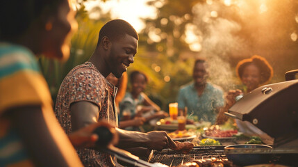 A group of African American friends having a barbecue party, African american, blurred background, with copy space