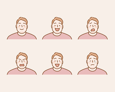 Vector cartoon image of a set of fat men with brown hair expressing various facial emotions: joy, happiness, bewilderment, anger, delight and sadness. Hand drawn style vector design illustrations.