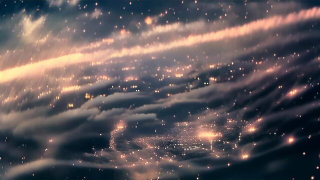 The city lights float above a sea of clouds under a night sky twinkling with stars. The clouds flow gently, and the distant lights appear hazy.
