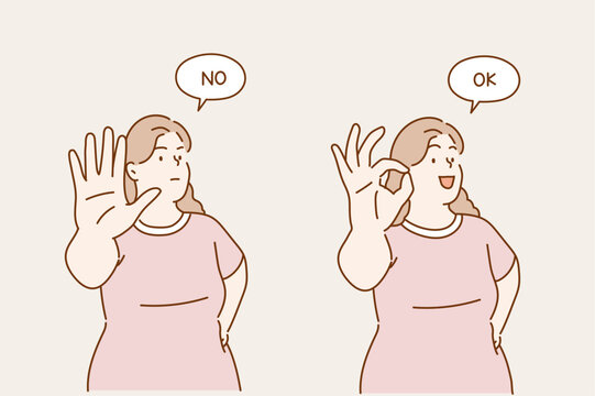 size woman plus showing no gesture with her hand. size woman plus showing ok gesture with her hand. Hand drawn style vector design illustrations.