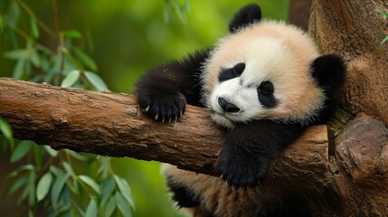 Obraz premium Big panda climbing a tree branch