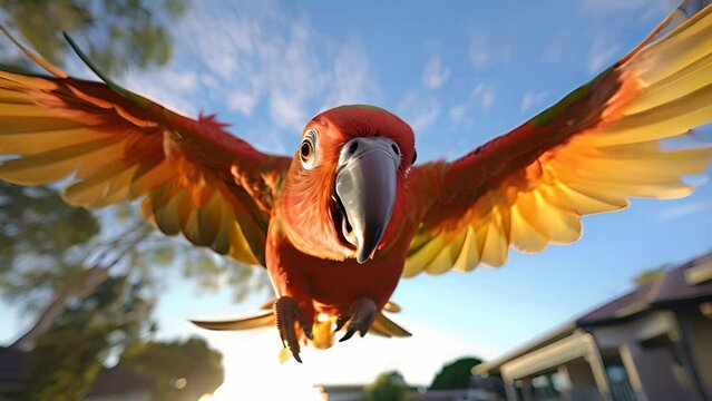 A red and yellow parrot flying through the air. Generative ai