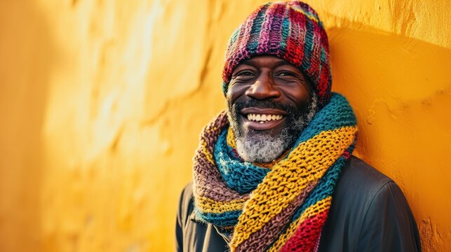 Smiling elderly man in colorful knit hat and scarf against a vibrant yellow wall.