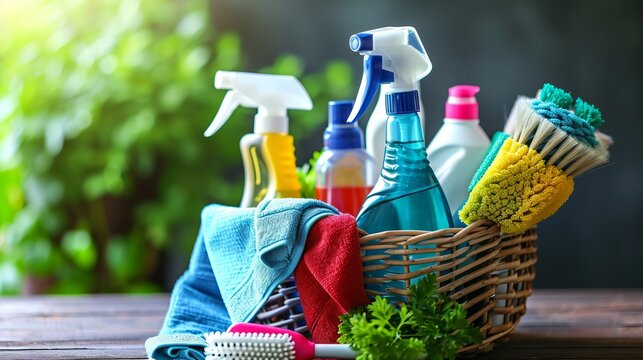 Wicker basket full of household cleaning products