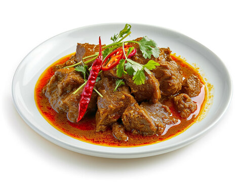 A plate of delicious beef curry isolated on white background.  