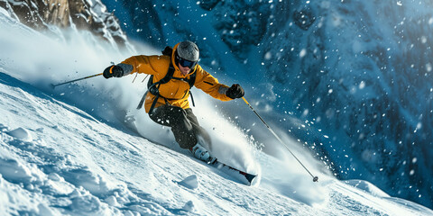 Skier skiing down slope on blue sky, with high snow covered mountains in background. Motion. Sport and winter adventure concept