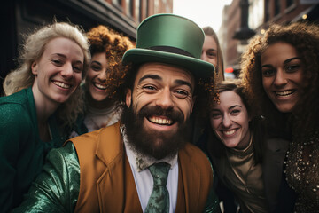 Group of friends celebrating St Patrick's Day outdoors. Generative AI.