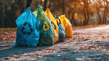 A collection of eco-friendly biodegradable plastic bags adorned with the universal recycling symbol, showcasing a variety of sustainable packaging options designed for responsible waste management