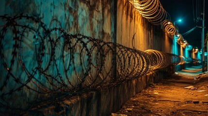 Barbed wire in prison. Steel fencing wire constructed with sharp edges or points arranged at intervals along the strands. Barb wire - obrazy, fototapety, plakaty