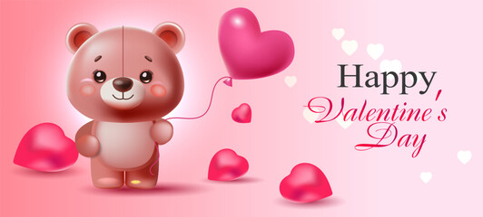 Adorable teddy bear with hearts on pink background Valentine's Day greeting card banner template