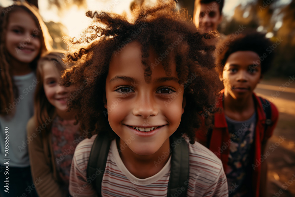 Wall mural Portrait group children selfie photo looking into the camera in the park or forest - theme happy childhood and fun