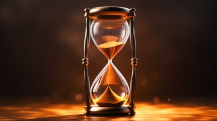 an hourglass sitting on top of a table next to a dark background with a light coming from the top of it.
