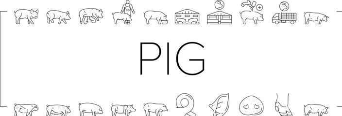 Fototapeta na wymiar pork pig farm animal piglet hog icons set vector. swine livestock, domestic bacon, cute hand boar, agriculture little, happy vintage pork pig farm animal piglet hog black line illustrations