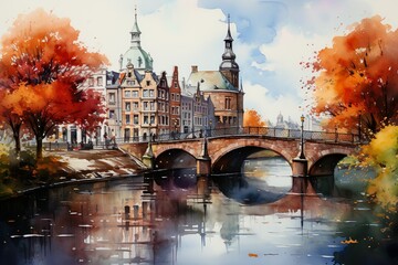 Views of Amsterdam, Netherlands drawing in the style of colored pencil and watercolor. in the style of 90s art. - obrazy, fototapety, plakaty