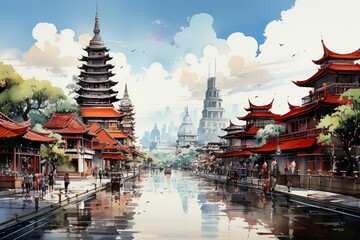 Views of Bangkok, Thailand drawing in the style of colored pencil and watercolor. in the style of 90s art. - obrazy, fototapety, plakaty