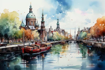 Foto op Canvas Views of Amsterdam, Netherlands drawing in the style of colored pencil and watercolor. in the style of 90s art. © PixelXpert
